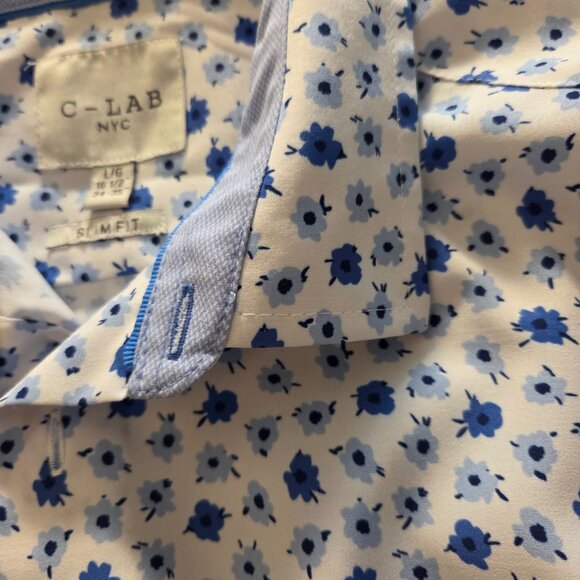 C-LAB NYC Long Sleeve 4 Way Stretch Shirt Mens L 16.5 Slim Fit White Blue Floral - Picture 4 of 9
